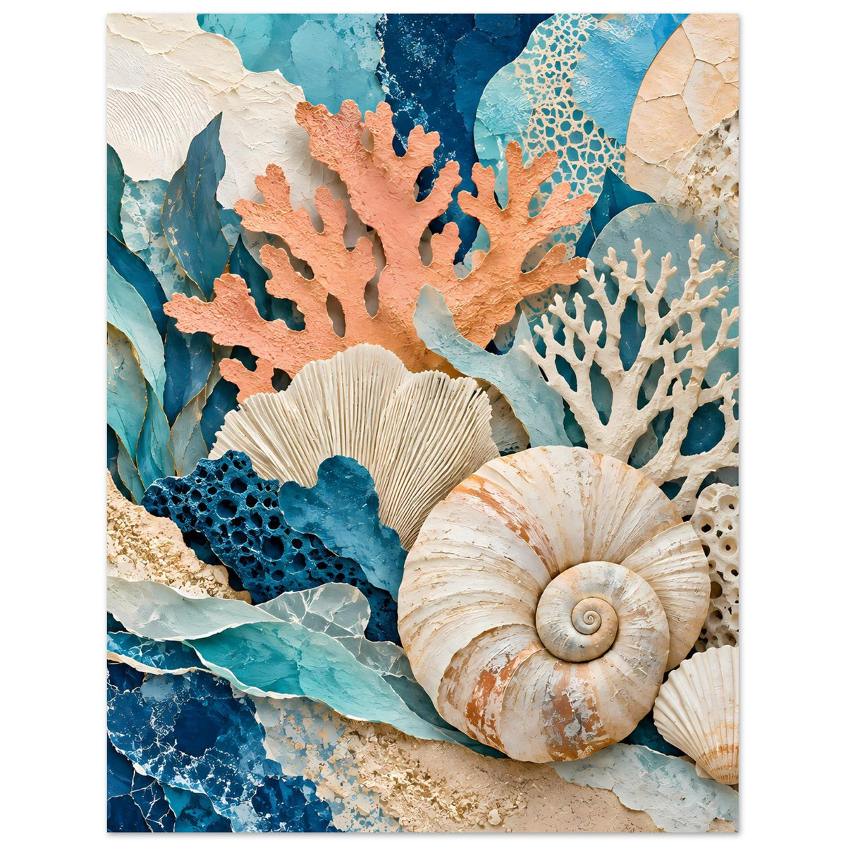 Meerestief-Poster mit Korallen- und Muschelmotiven in Blau- und Erdtönen, hochformat
