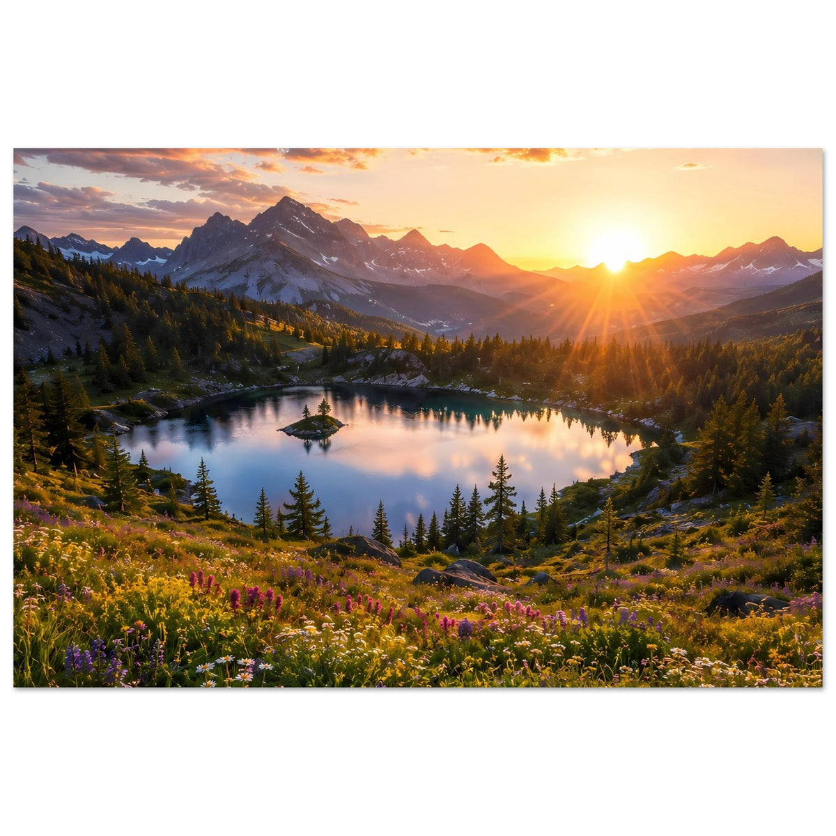 Poster im Querformat mit Sonnenuntergang über Bergsee, Wald und farbigen Blumen.
