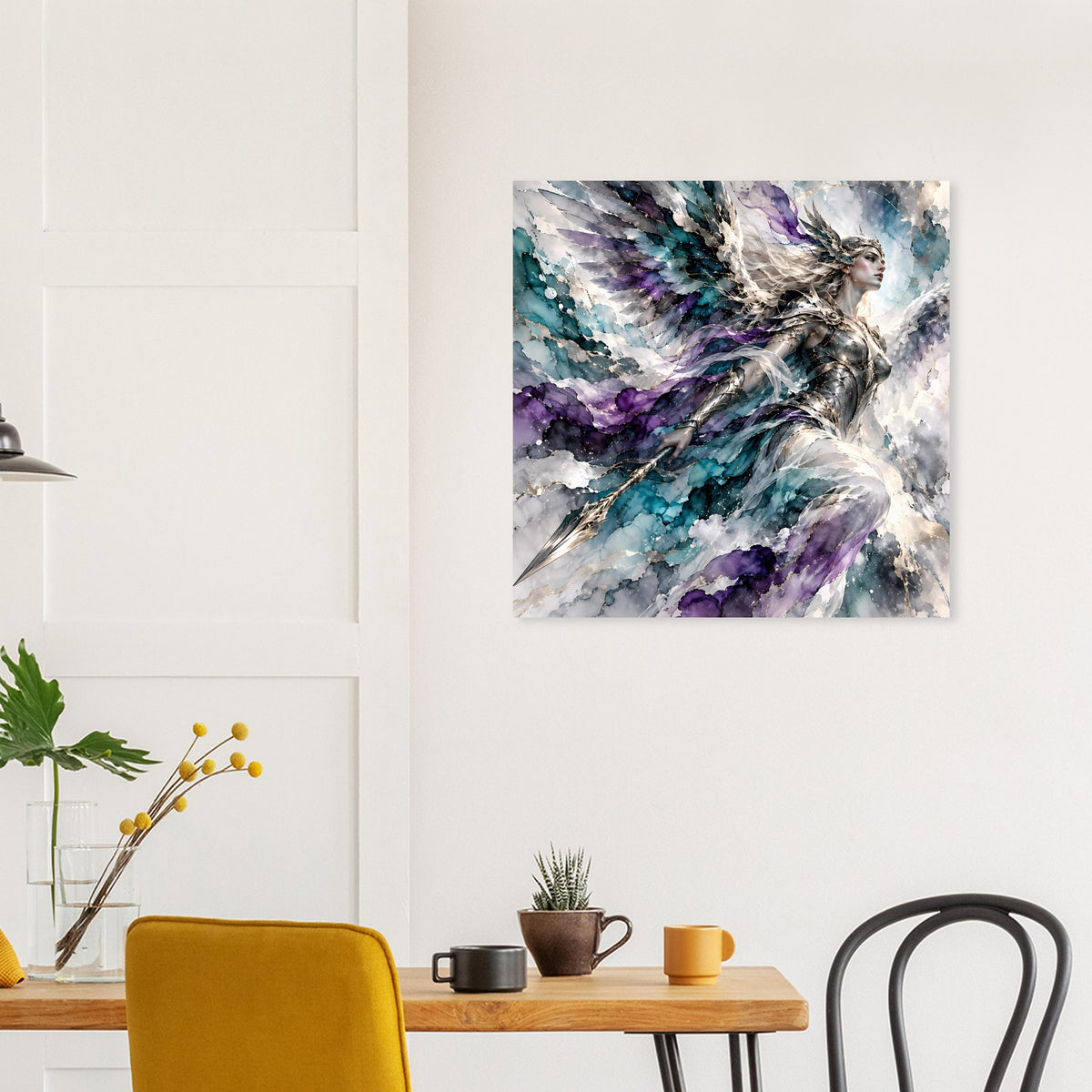 Fantasy-Poster mit Kriegerengel-Illustration in Blau, Violett und hellen Lichtstrahlen