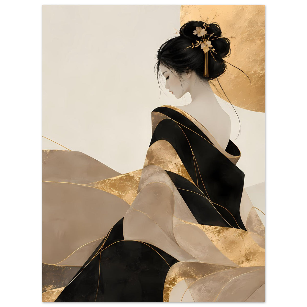 Kunstposter mit Frau im Profil, schwarzes Kleid, goldfarbene Akzente und abstrakter Hintergrund