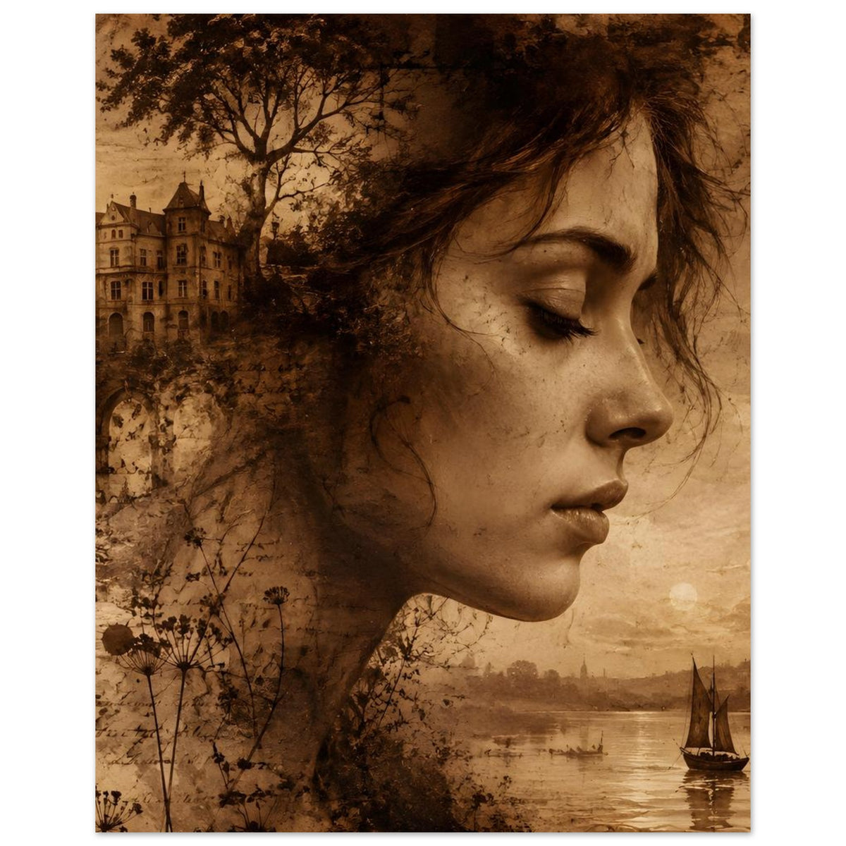 Sepia Poster mit Frauenprofil, Pusteblumen, Fluss mit Boot und leichter Nebeloptik