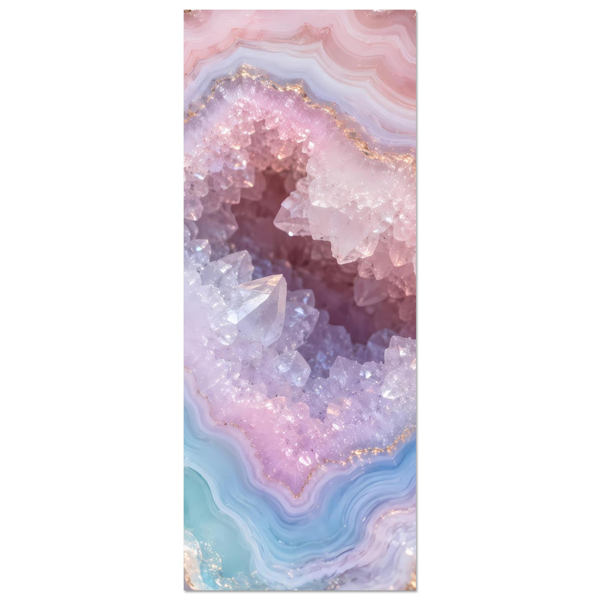 Vertikales Poster mit rosa-violetten Kristallen und türkisblauen Achatlinien, Geode