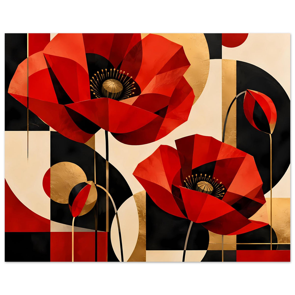 Kunstposter mit abstrakten roten Mohnblumen, schwarzen Linien, Kreisen und goldenen Akzenten.