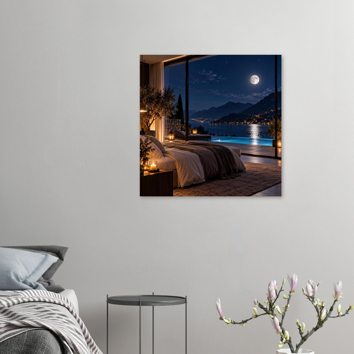 Luxuriöses Poster im Wandrahmen: kleines Schlafzimmermotiv mit Bett, Mond und See bei Nacht
