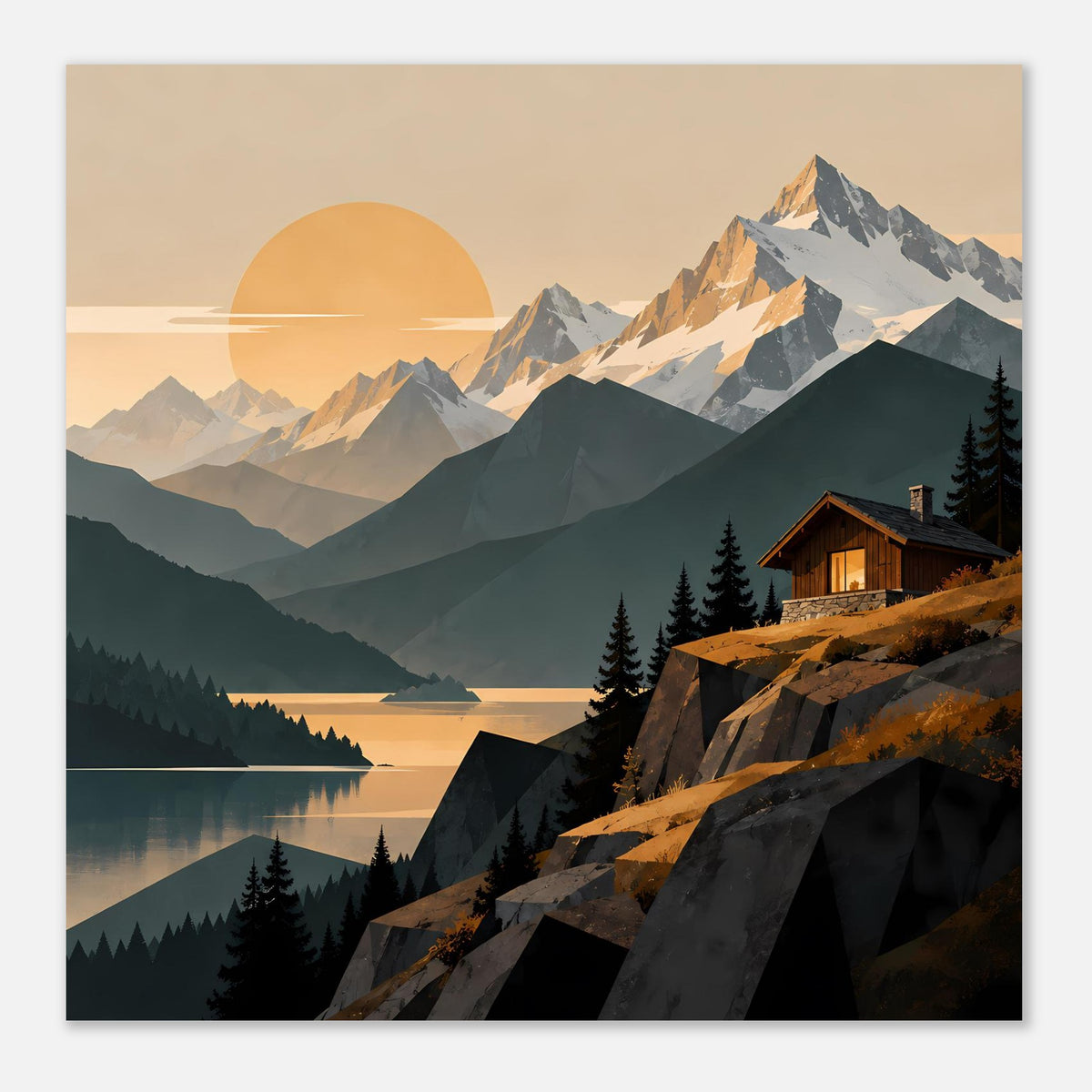 Landschaftsposter im Querformat: Hütte am Berghang, Bergsee, Berge und große Sonne