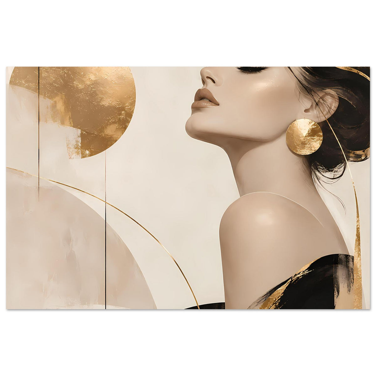 Wandposter mit Frauenprofil, goldene Akzente, elegante Linien und sanfte Pastelltöne