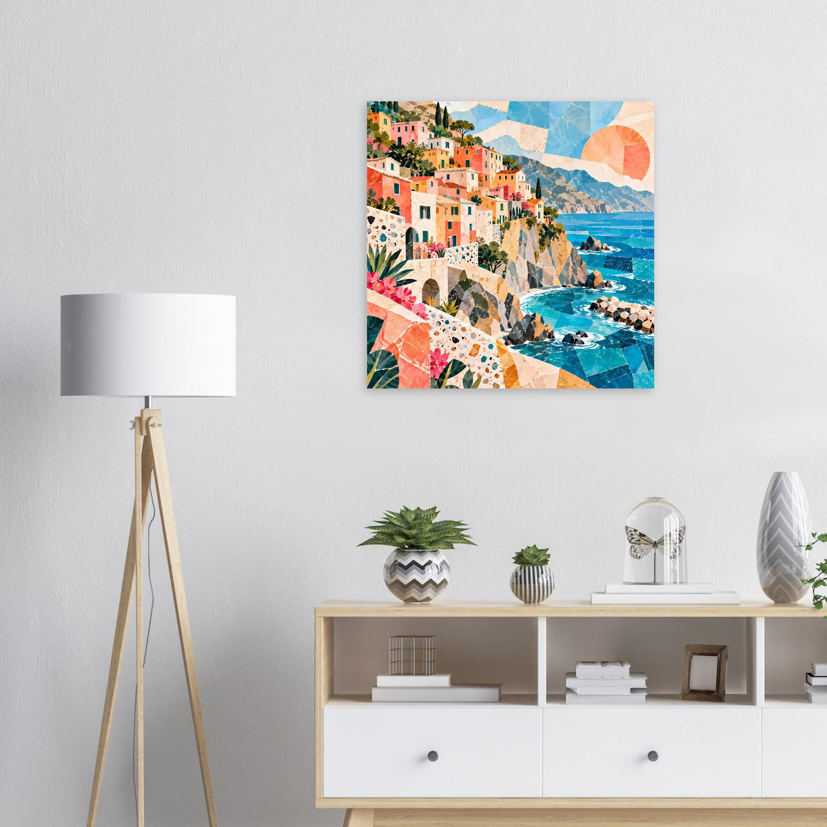 Poster mit mediterranem Küstendorf: bunte Häuser, Meer und Felsenküste
