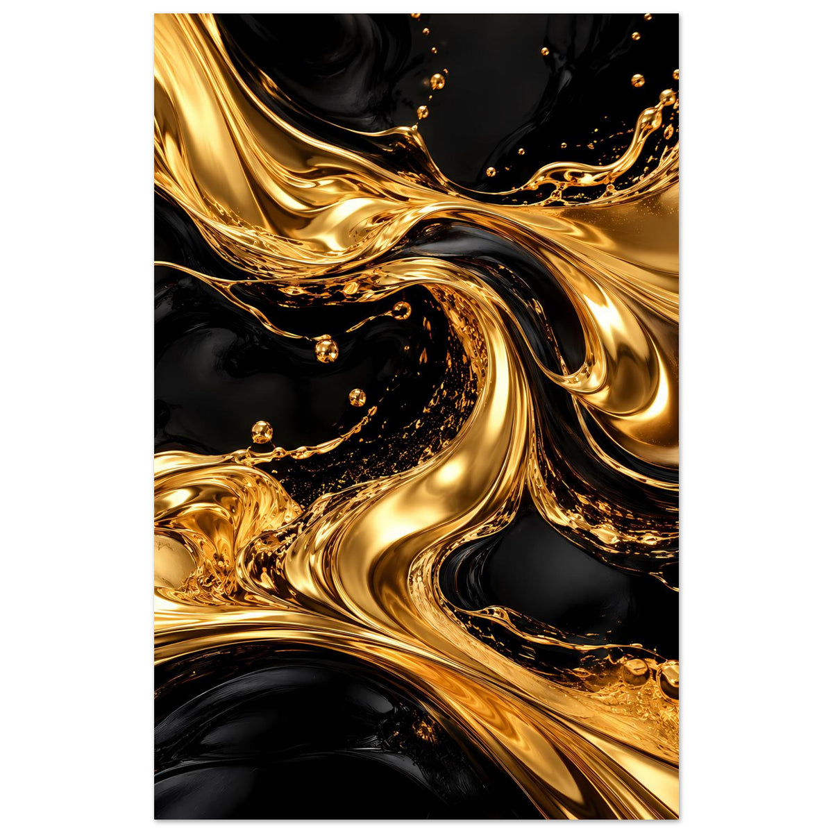 Abstraktes Poster: goldene Wellen und Spritzer auf dunkel-schwarzem Grund, vertikale Komposition