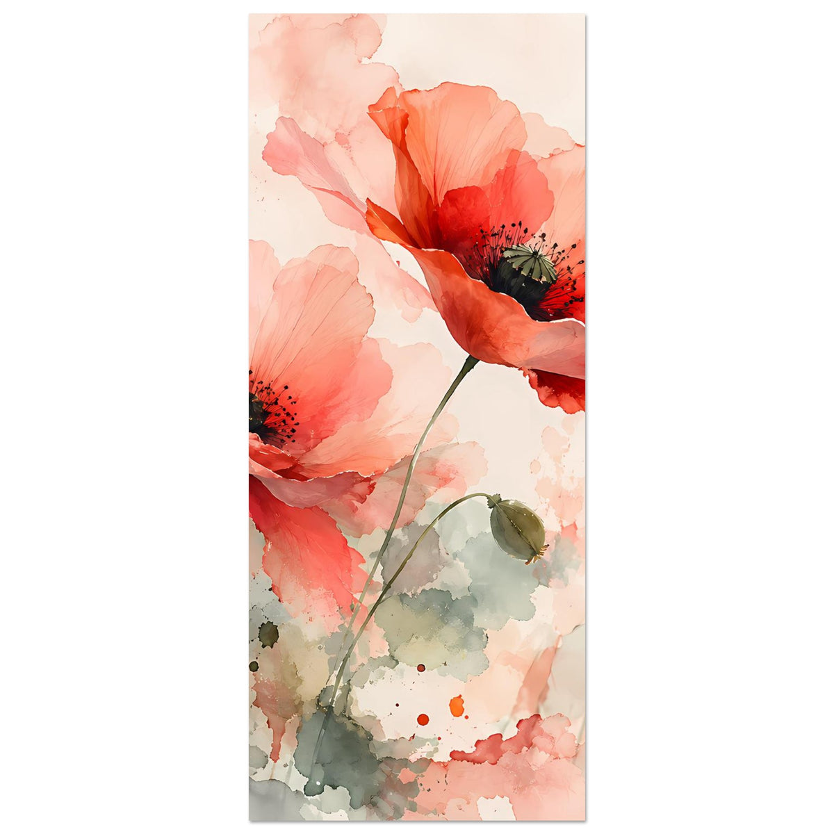 Hochformatiges Aquarellposter: Korallrosa Mohnblüten mit dunklem Blütenkern