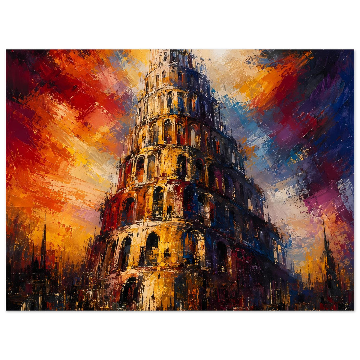 Wandposter mit Turm von Babel, gemusterte Textur in Orange, Blau und Gelb, horizontal