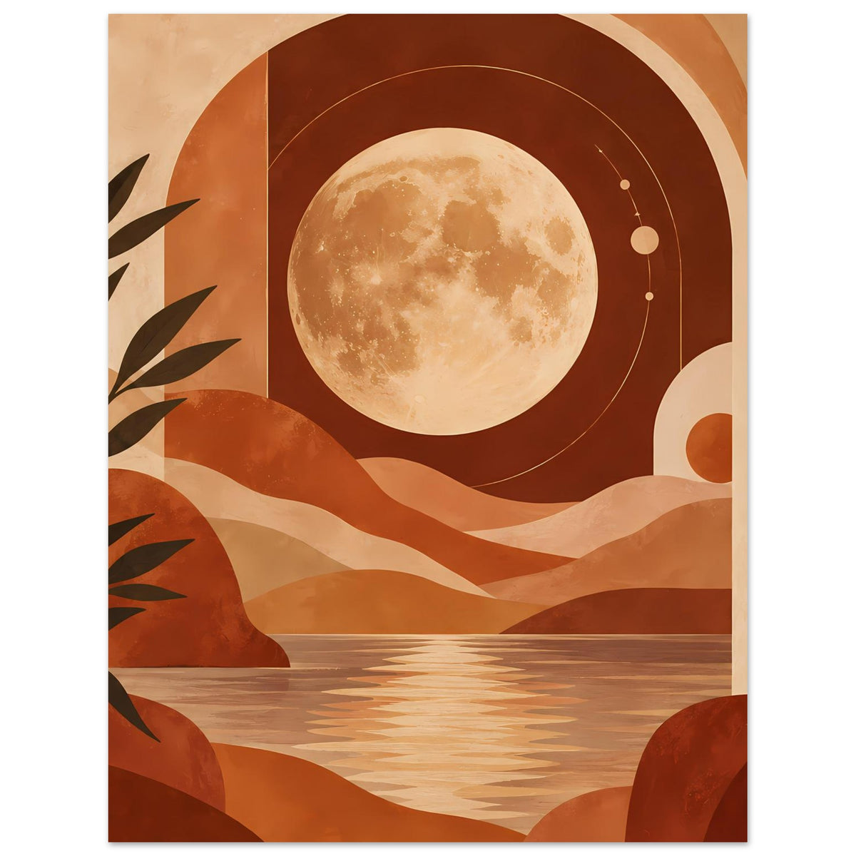 Boho-Poster mit großem Vollmond, Wasserreflexen am Horizont, Bögen und Terrakottafarben