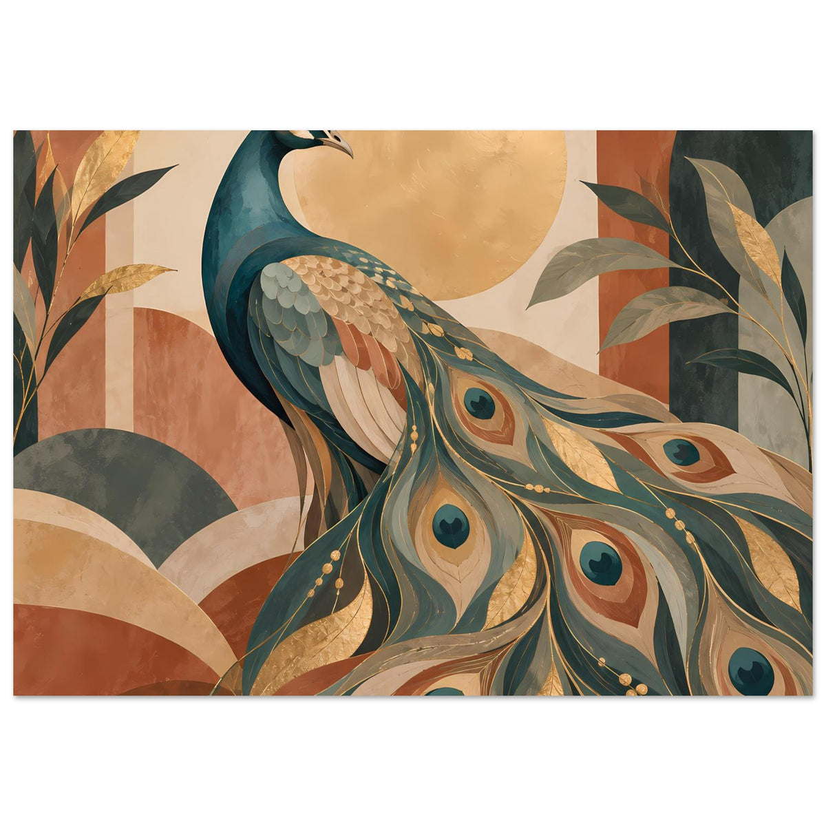 Pfau-Poster im Hochformat mit Pfau, warmen Erdtönen und goldenen Akzenten