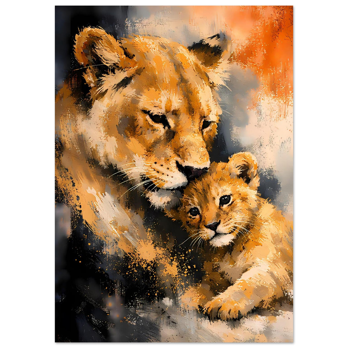 Poster mit Löwin und Jungtier im gemalten Stil, orange-braun, Hochformat