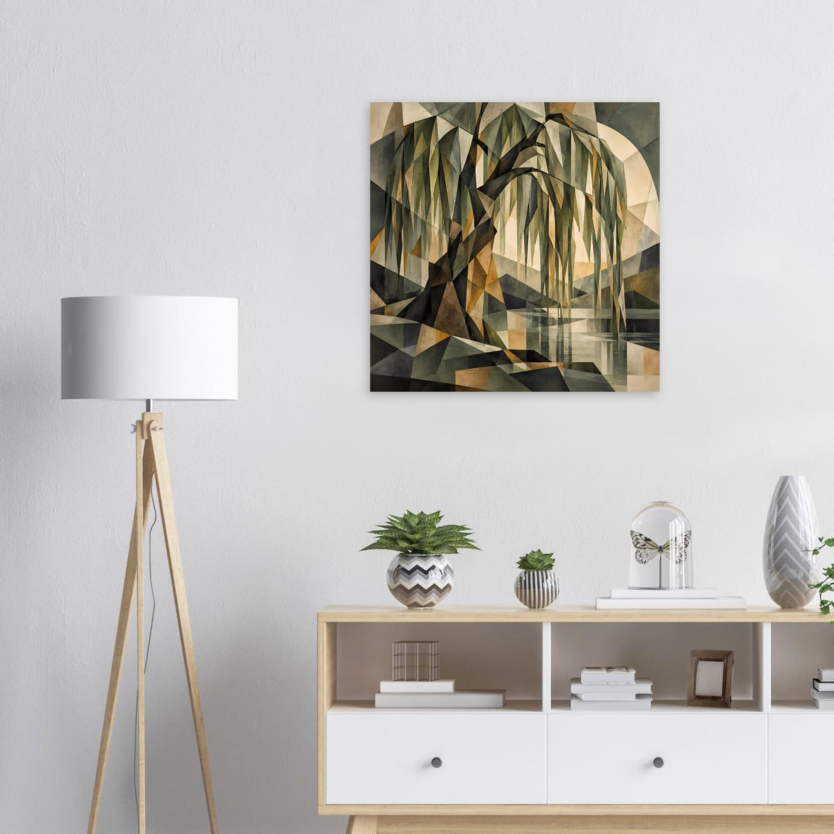 Wandposter mit geometrischem Baum-Motiv in erdigen Grün-, Braun- und Beigetönen