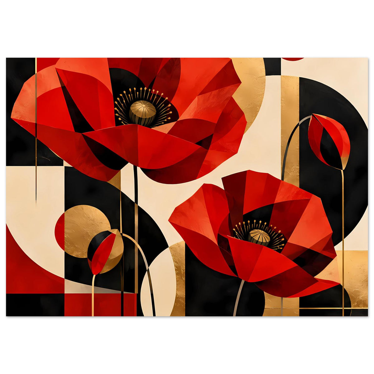 Abstraktes Poster mit zwei roten Mohnblumen, goldfarbenen Kreisen und geometrischen Flächen