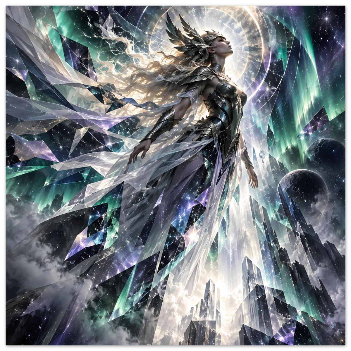 Hochformatiges Fantasy-Poster mit Krieger im Profil und planetenartigem Ring aus Licht
