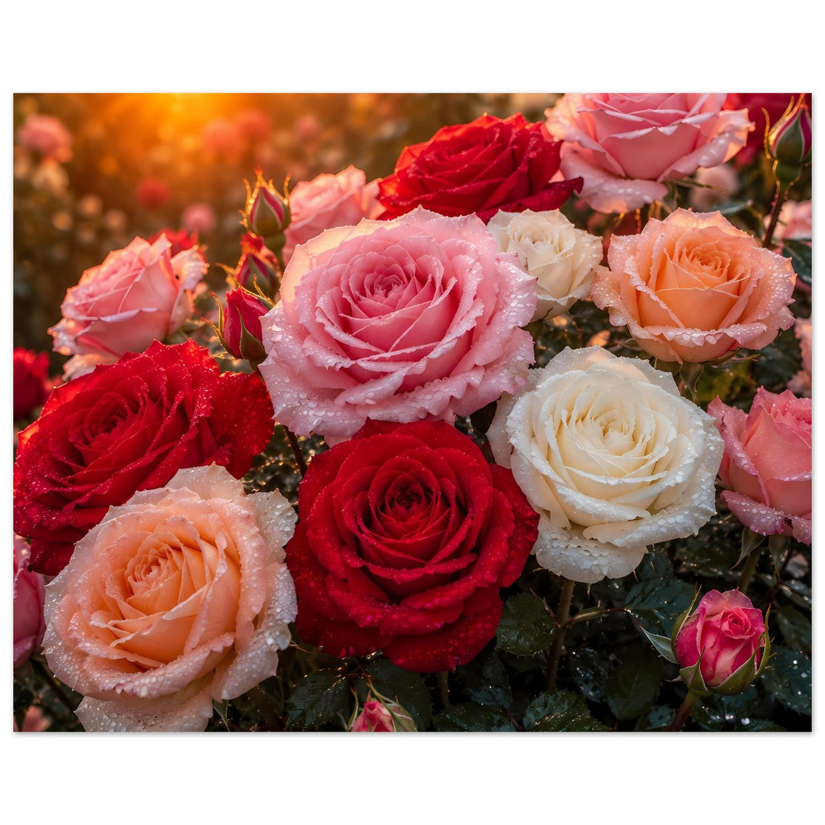 Rosenposter (horizontal) mit großem rosa Rosenkopf und weiteren roten und weißen Rosen