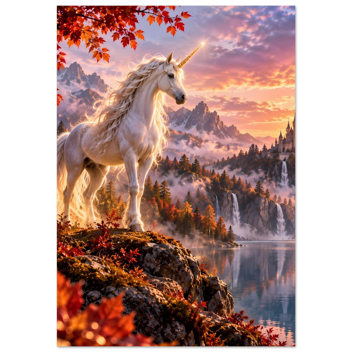 Fantasyposter mit weißem Einhorn auf Felsen, leuchtender Mähne, Herbstblätter oben links