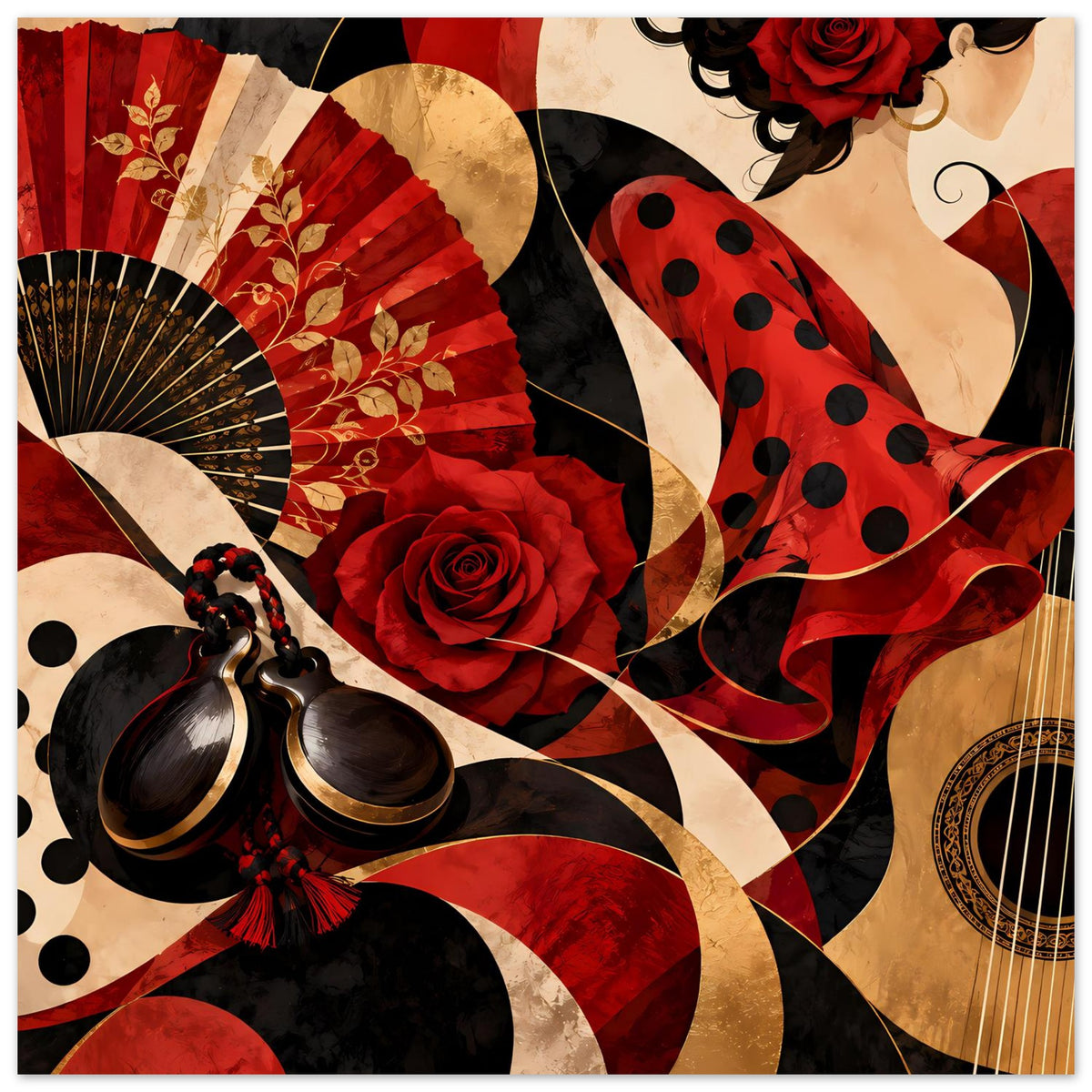 Vertikales Poster mit Flamenco-Deko: Fächer, rote Rose und Polka-Dots