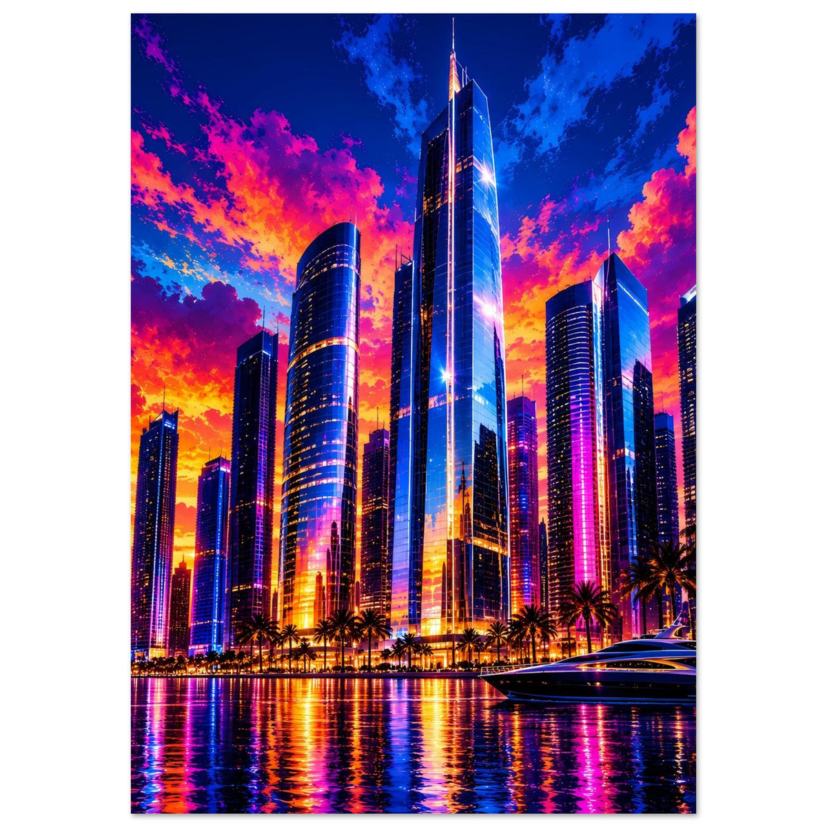 Vertikales Stadtposter: farbige Wolken und leuchtende Türme über dem Wasser
