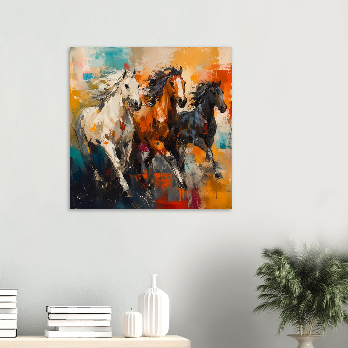 Quadratisches Poster: drei galoppierende Pferde in abstrakter Orange-Blau-Malerei