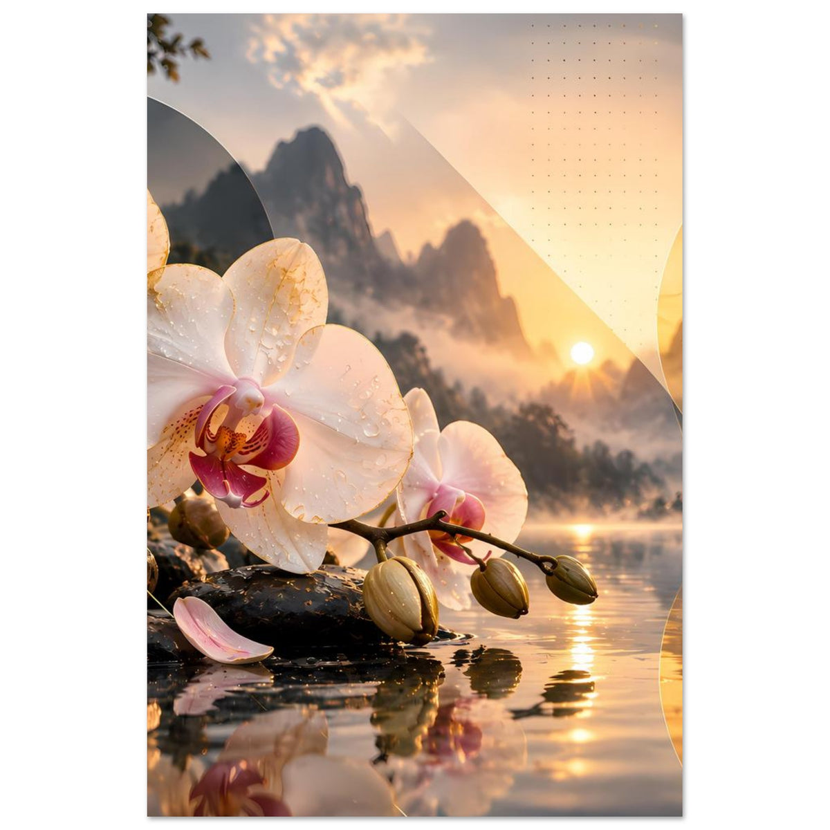 Gerahmtes Poster, vertikale Ansicht: weiße Orchideenblüten vor Sonnenuntergang am See.