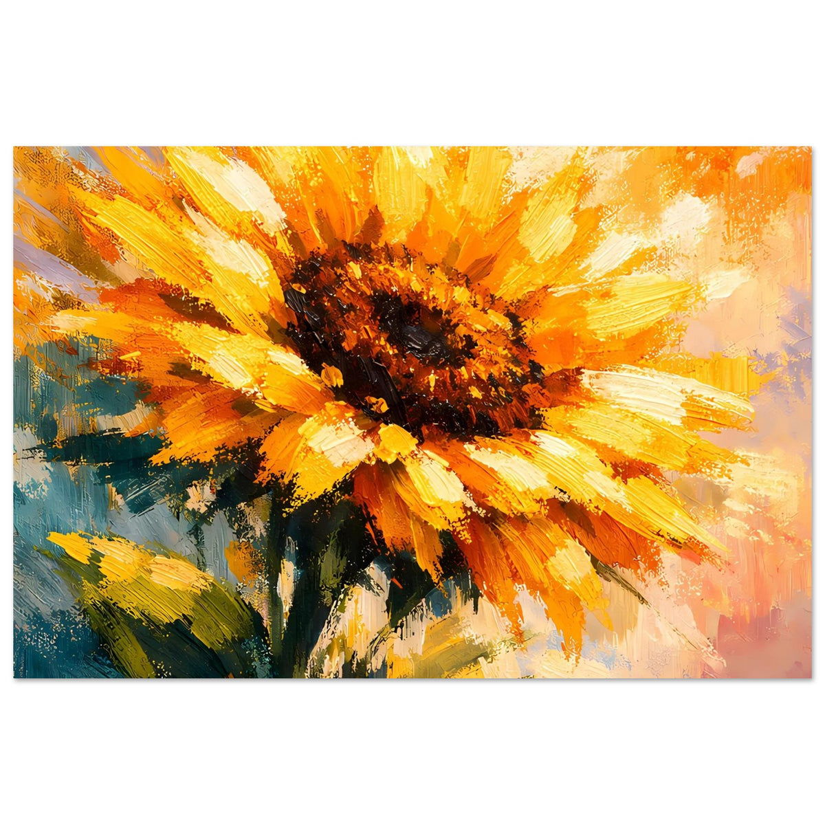 Horizontales Poster einer Sonnenblume mit orange-gelben Pinselstrichen und dunklem Zentrum.