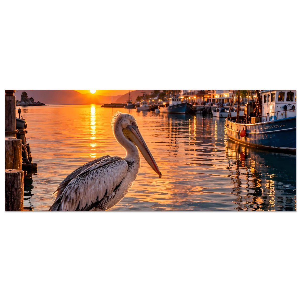 Poster mit Pelikan auf Holzpfahl am Wasser, Sonnenuntergang in warmem Gold