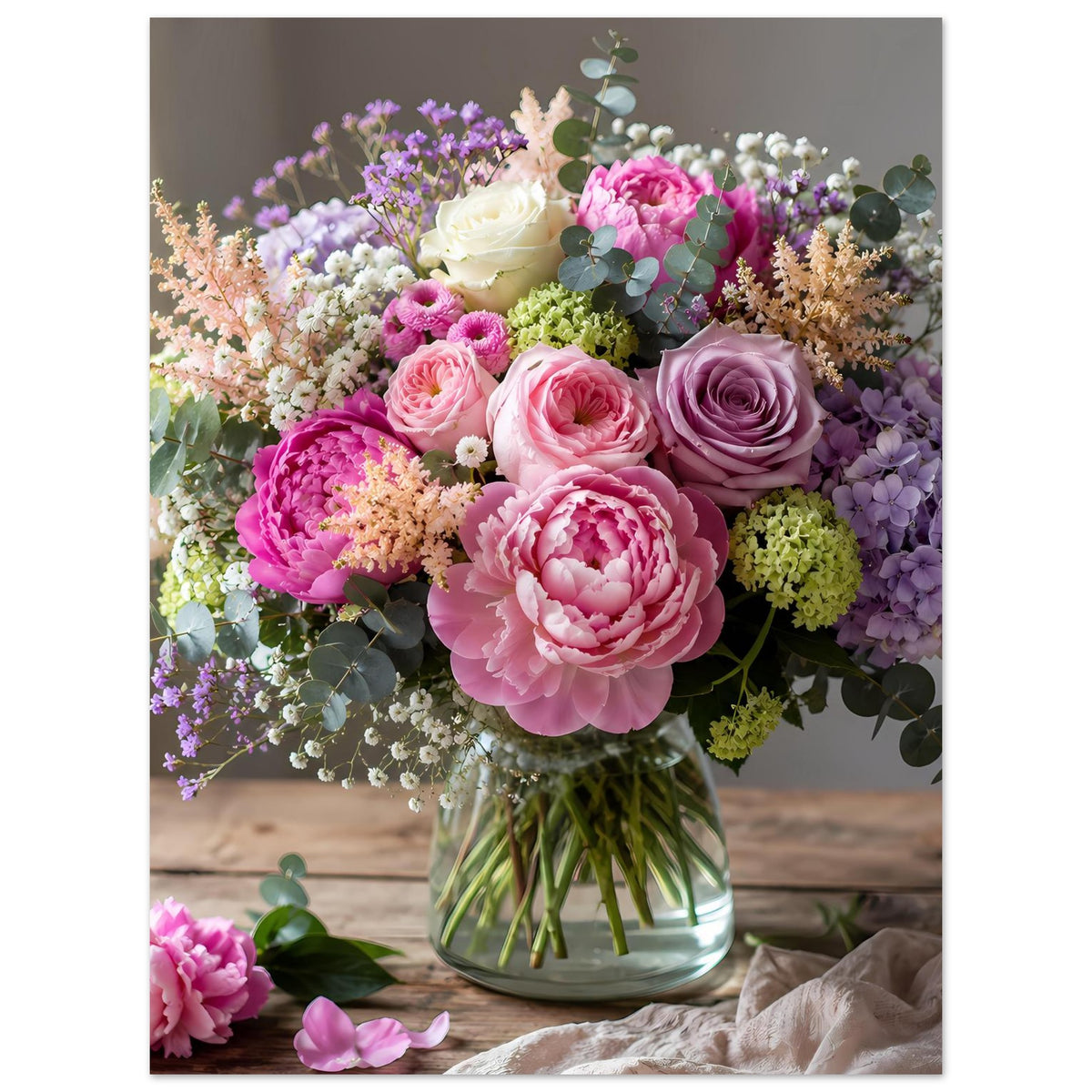 Poster mit Blumenstrauß im Glas: Pastellrosa, Lavendel und Eukalyptusgrün, üppig