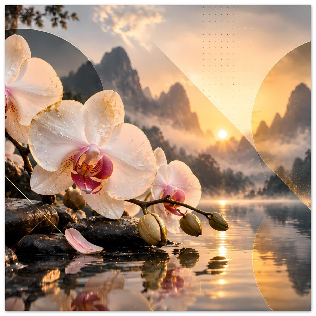 Orchideen-Blumenposter mit weißer Orchidee, dunklen Bergen im Hintergrund und goldener Sonne.