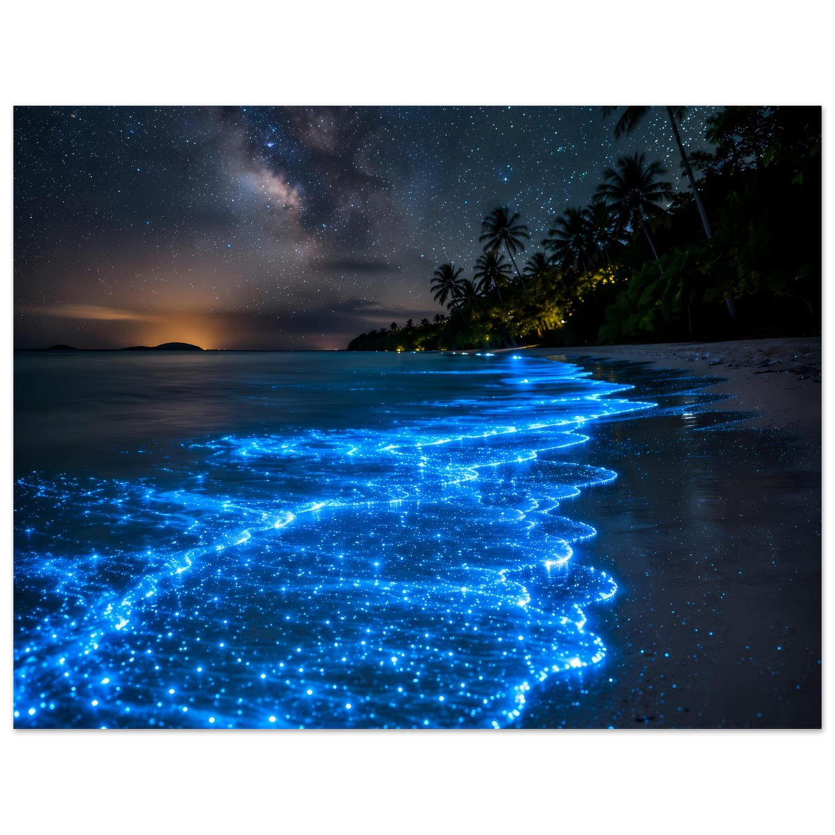 Leuchtendes Strandposter, horizontale Ansicht: blaue Biolumineszenz-Lichtwellen am Wasser