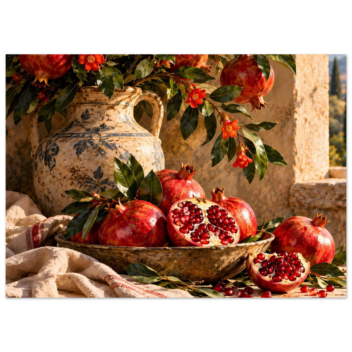 Horizontales Stillleben-Poster: Granatäpfel in Schale mit Vase, Blättern und rotem Obst