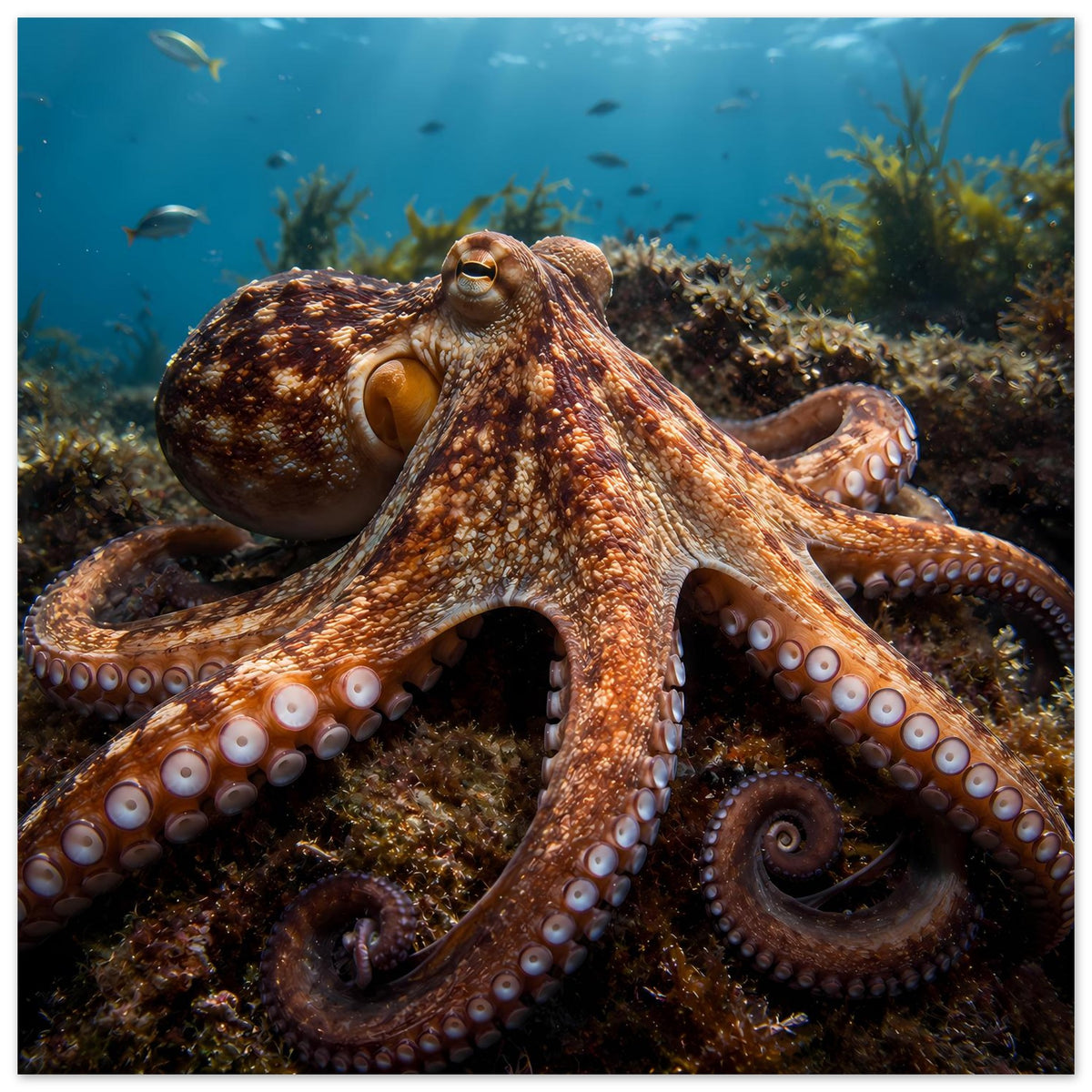 Poster im Querformat: brauner Oktopus mit langen Armen auf Korallenriff, Unterwasser