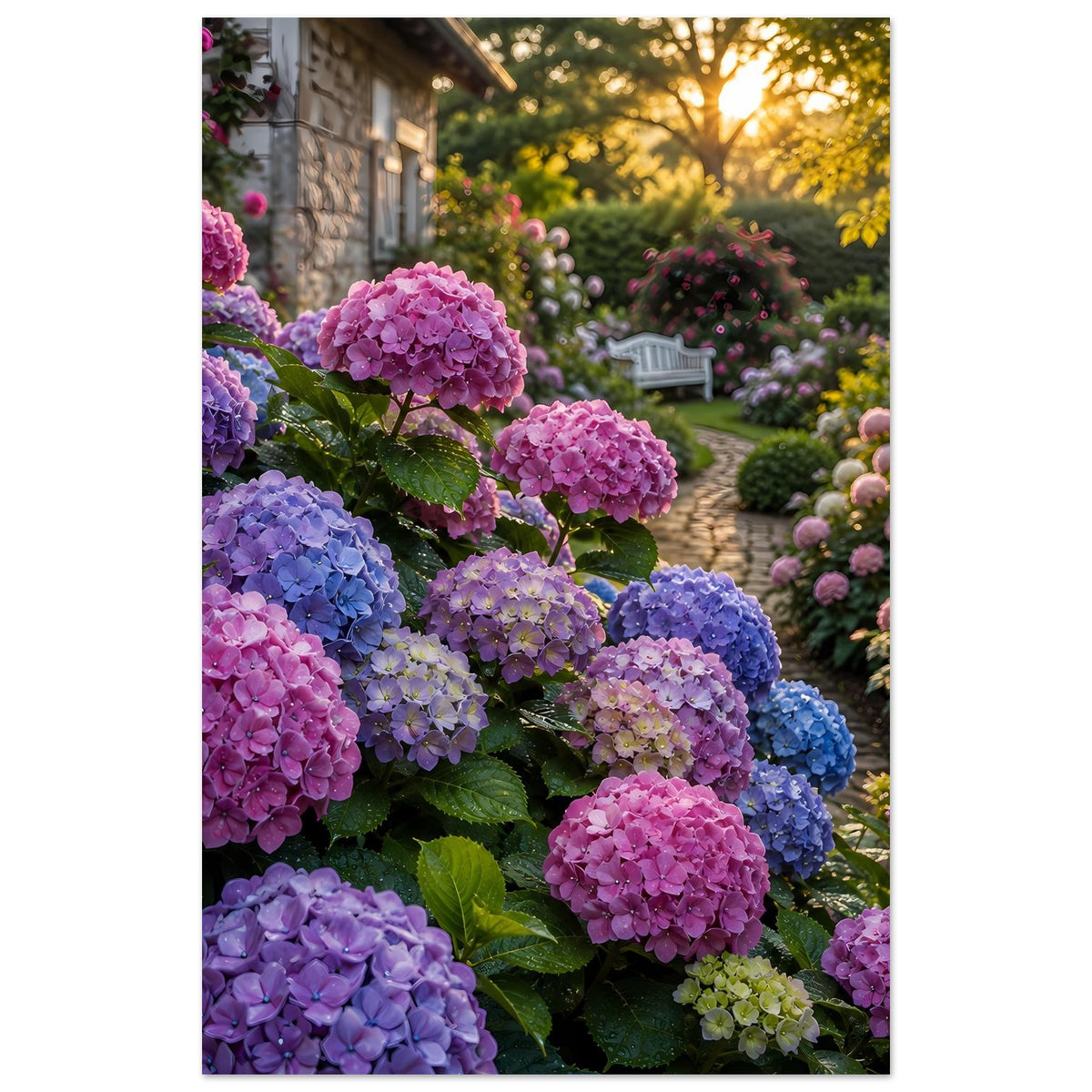 Poster mit bunten Hortensienköpfen in Pink, Blau und Violett im Gartenweg