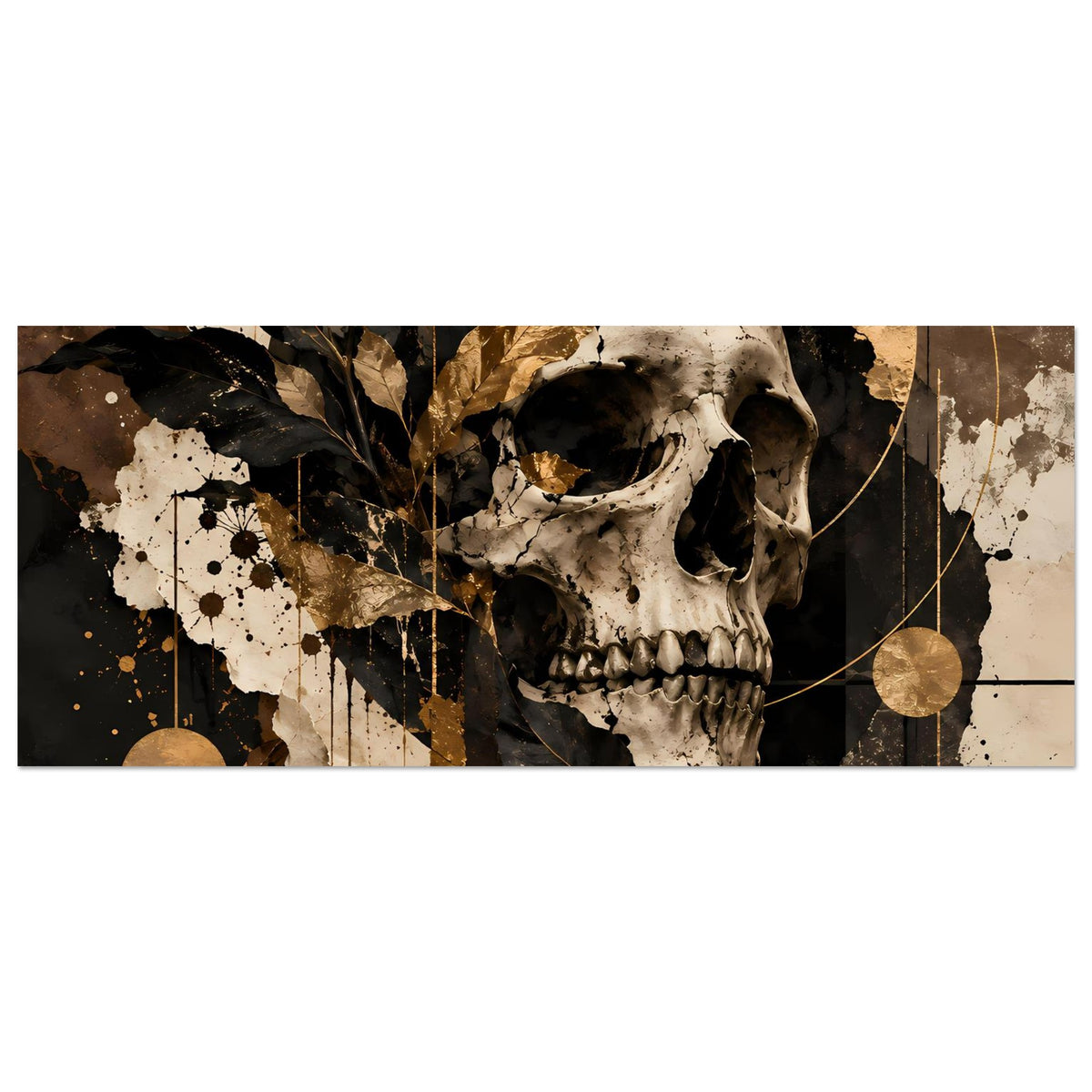 Breites Kunstposter im Schwarz-Gold: Totenkopf, Sprenkel und goldene Kreise