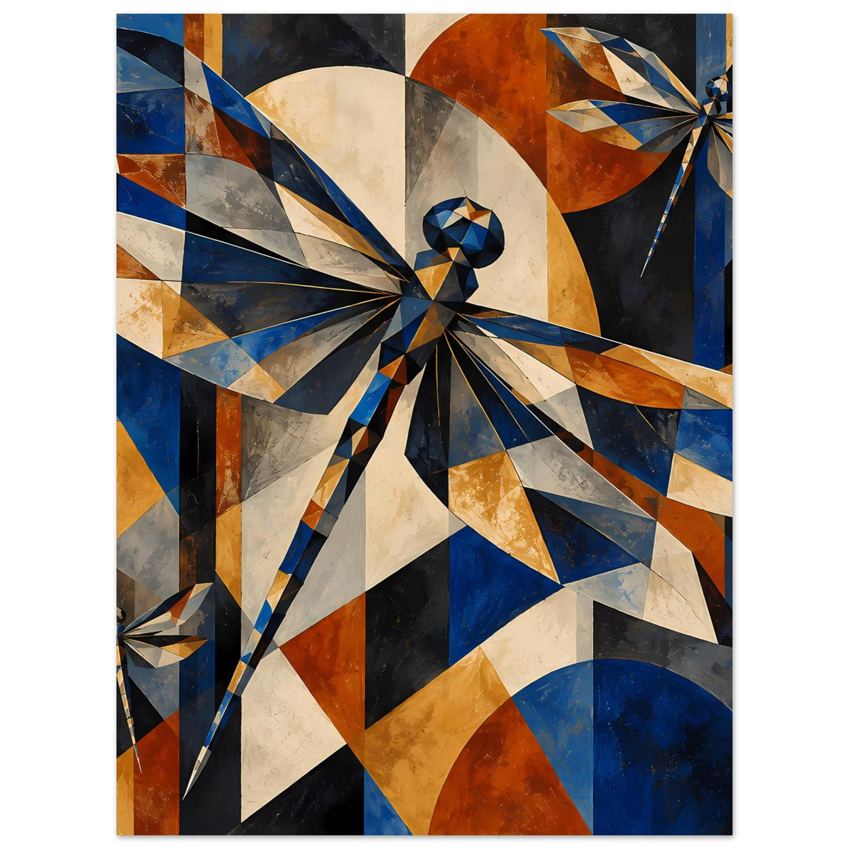Kunstposter mit zentraler geometrischer Libelle in Blau, Kupfer und Beige, diagonale Linien