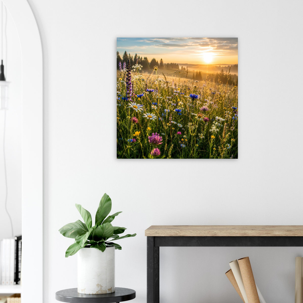Poster im schwarzen Rahmen mit Blumenwiese und goldenem Sonnenuntergang über Feldern