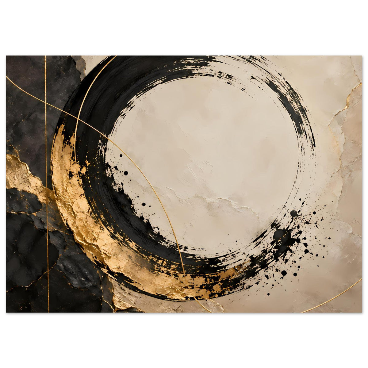 Kunstposter mit Kreisring, marmorierter Struktur in Beige, Schwarz und Gold