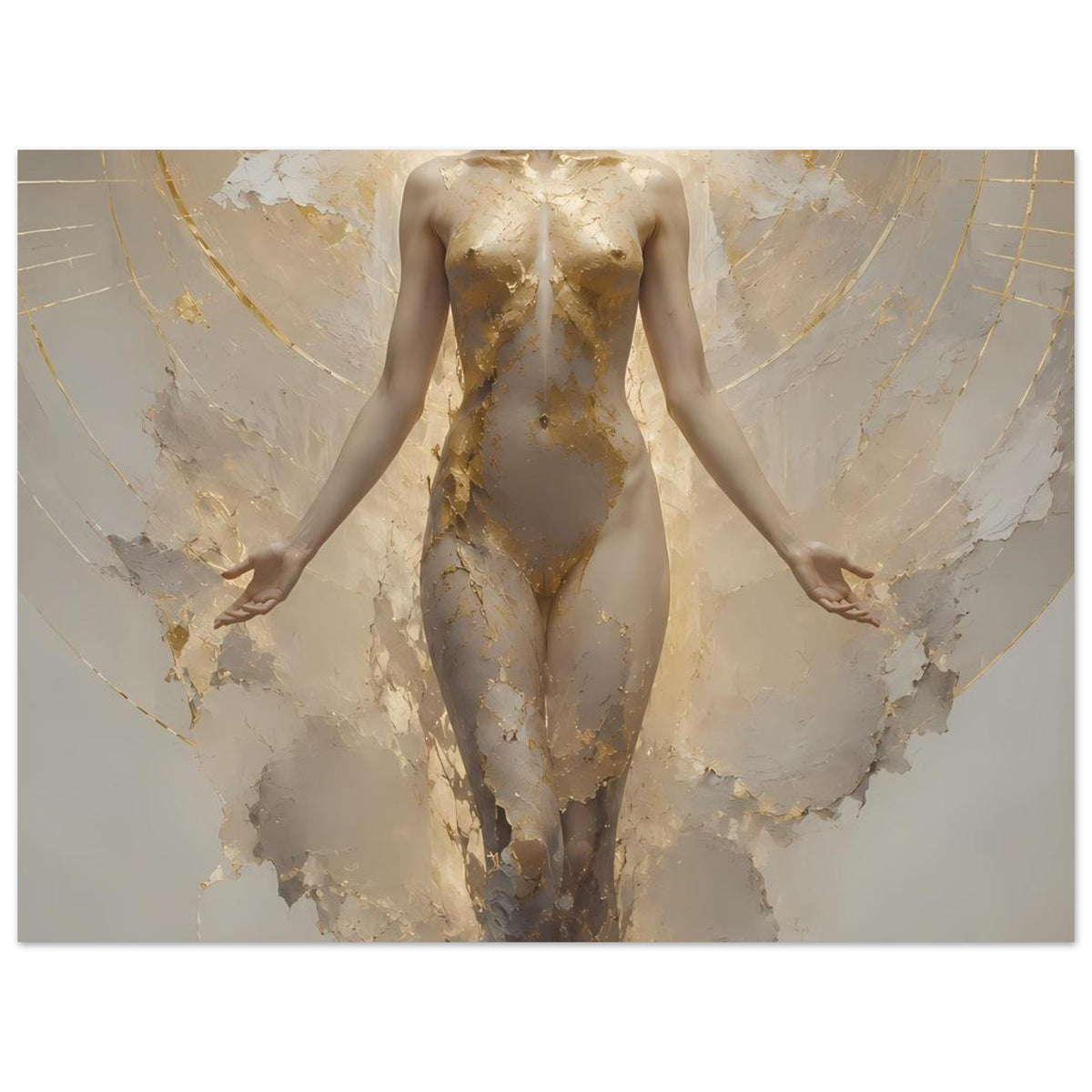 Poster mit schwebender Frauenfigur in Creme und Gold, Figur mittig mit goldenen Mustern