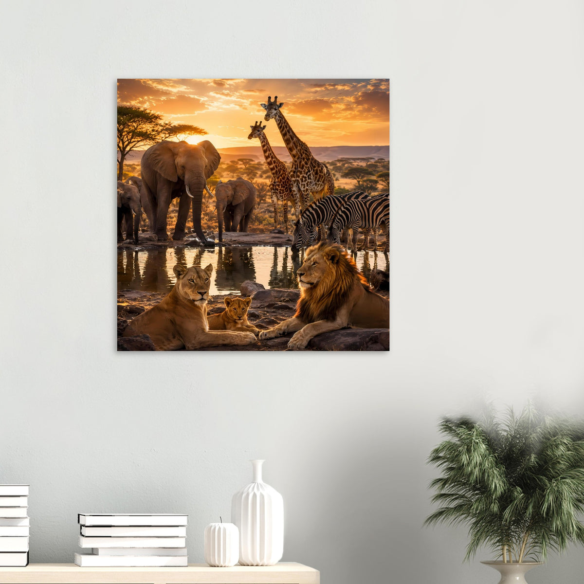 Kleines quadratisches Safari-Tierposter mit Löwen, Elefanten, Giraffen und Zebras