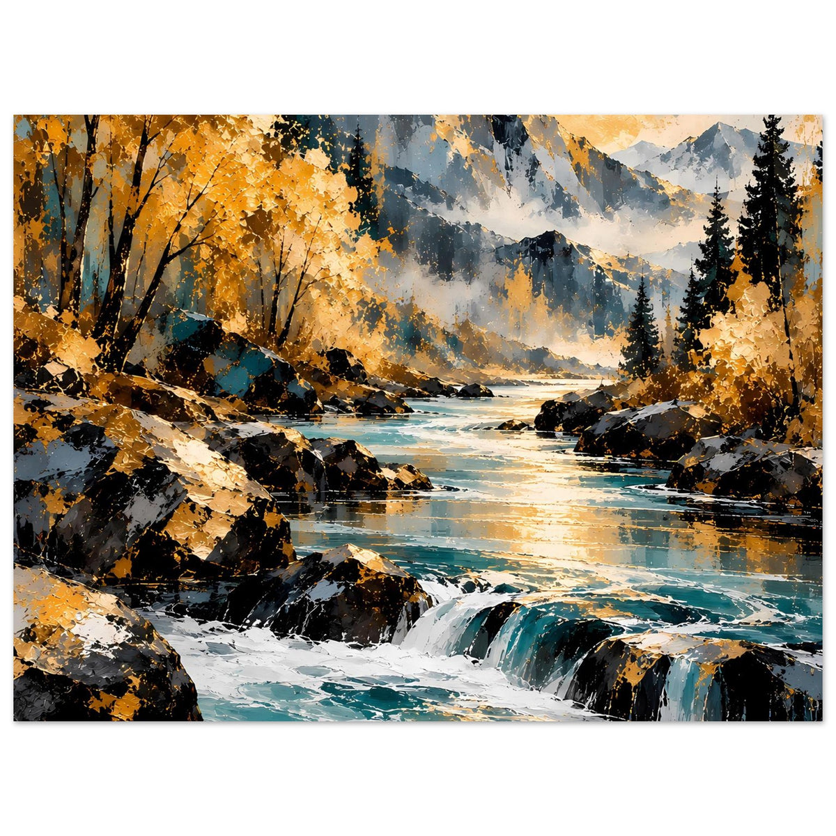 Horizontales Poster: Herbstlicher Flusslauf mit Wasserfall, Felsen, Laub und Tannen