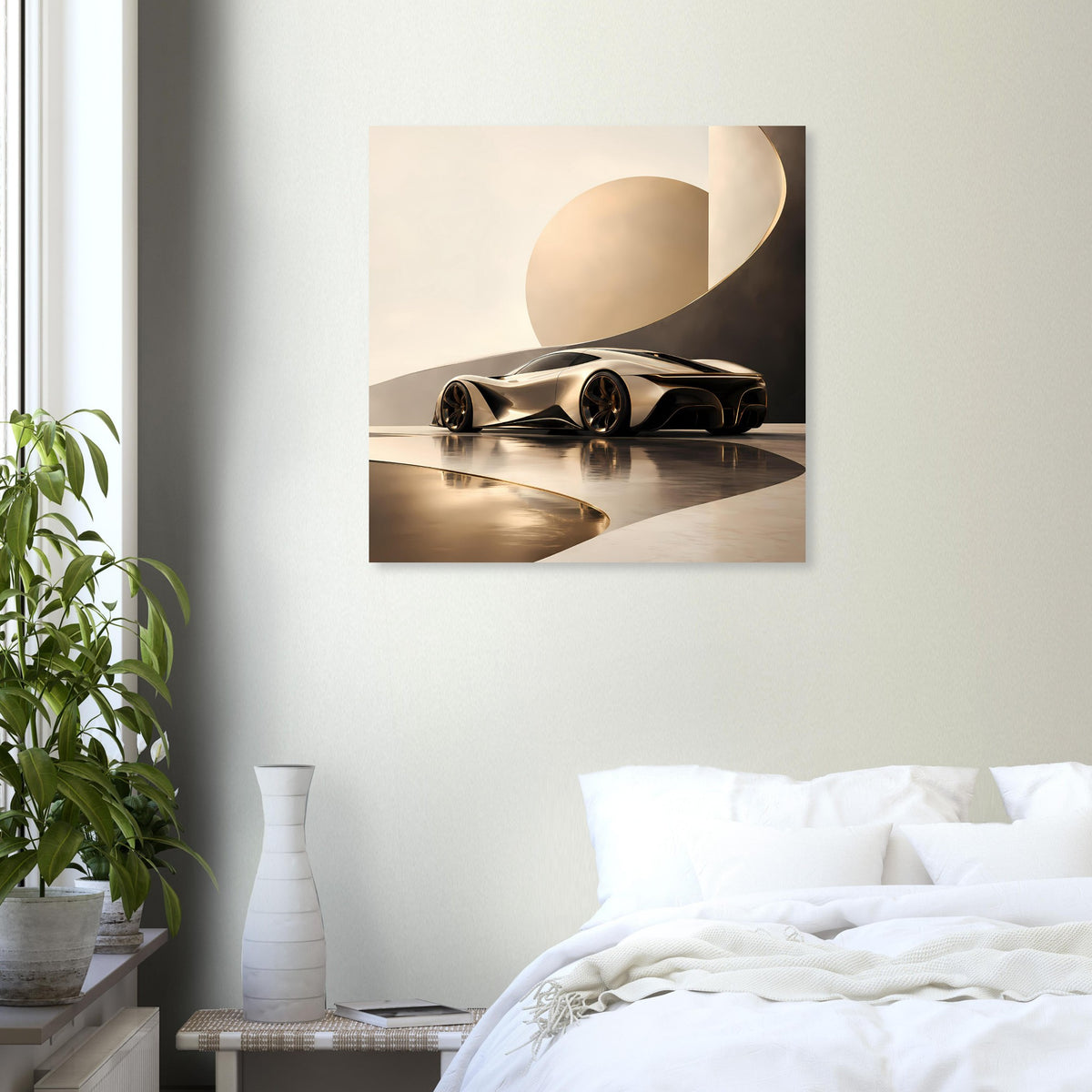 Quadratisches Autoposter mit schwarzem Sportwagen und Spiegelbild auf Beton
