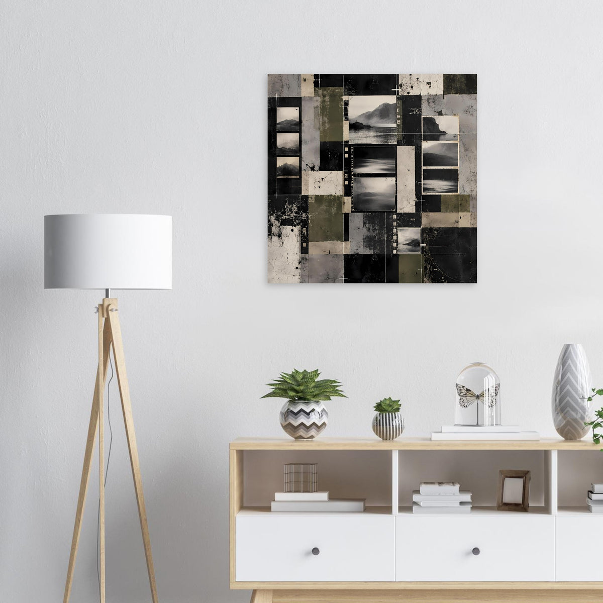 Abstraktes Landschafts-Poster mit schwarz-grauem Blockmuster in Beige und Grau