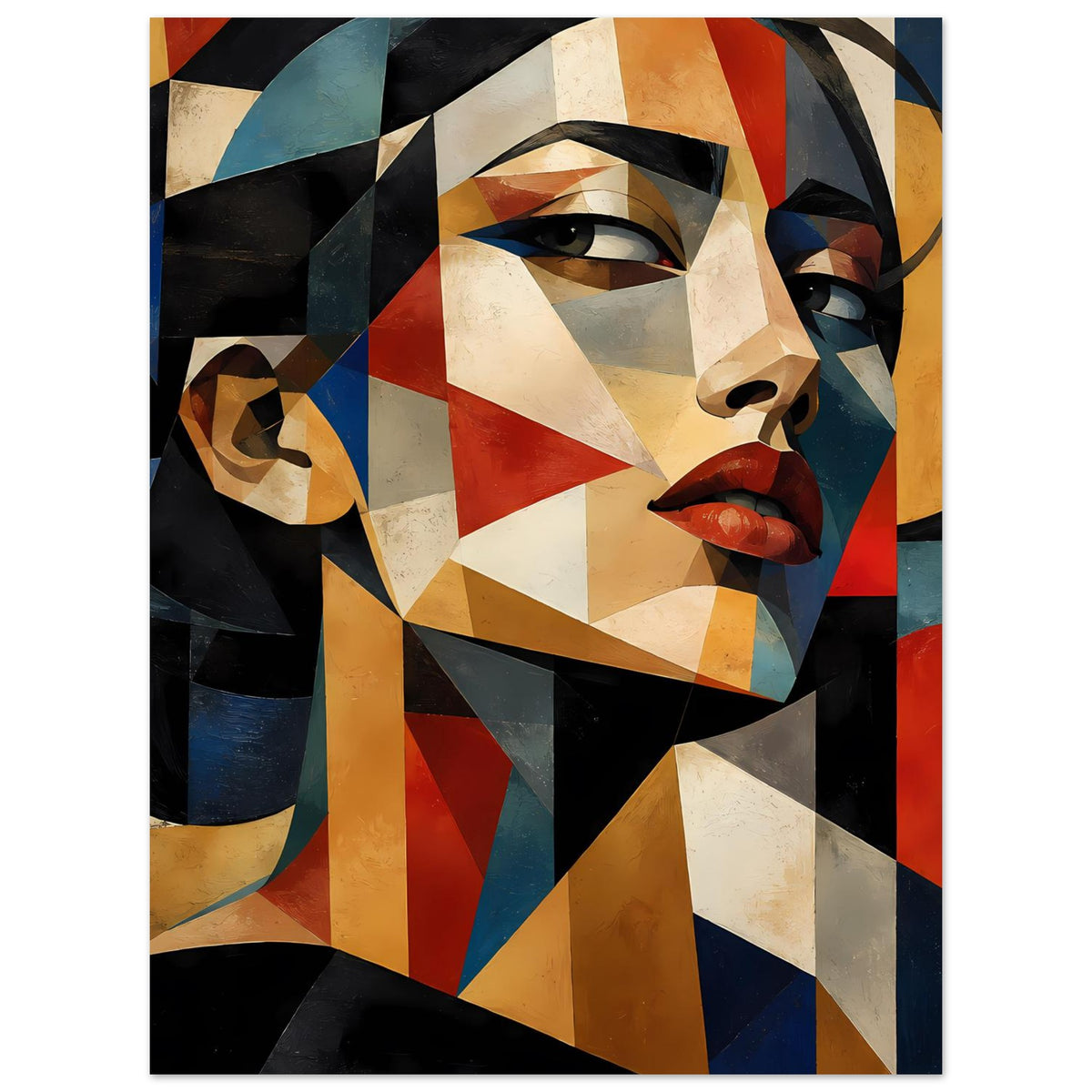 Geometrisches Porträtposter mit abstraktem Gesicht, rechteckigen und dreieckigen Farbfeldern