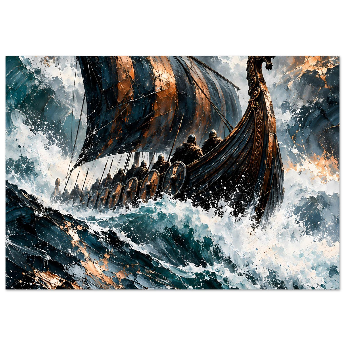 Poster mit Wikinger-Langschiff auf hoher See: Segel gesetzt, Gischt und Wellen