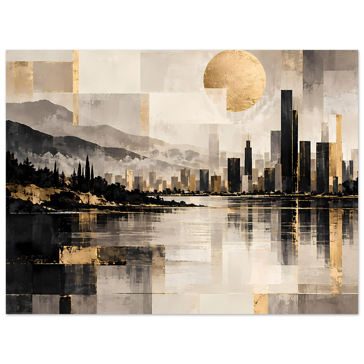 Stadtlandschaftsposter mit Skyline, goldenem Kreis und Wasserreflexen in Beige, Grau und Schwarz