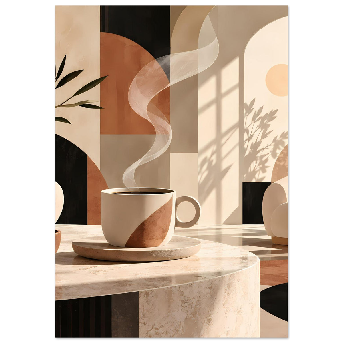 Poster mit warmen Braun- und Beigetönen: Tasse, Untersetzer und abstrakte Wandformen