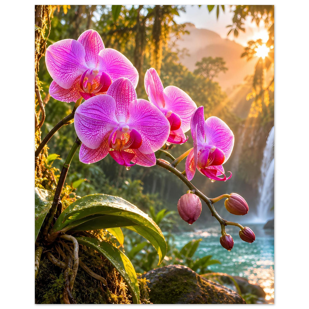 Naturposter: Pinke Orchideenblüten und Knospen vor Wasserfall und Sonnenlicht