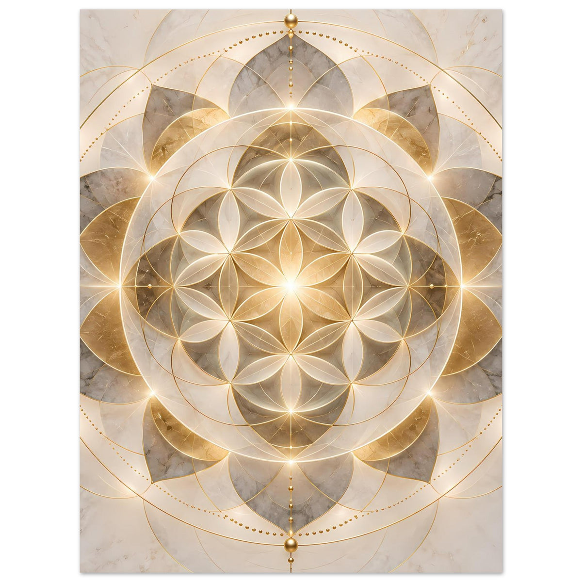 Poster mit goldenem Mandala: mehrstufige Kreisformen und strahlende Ornamentlinien
