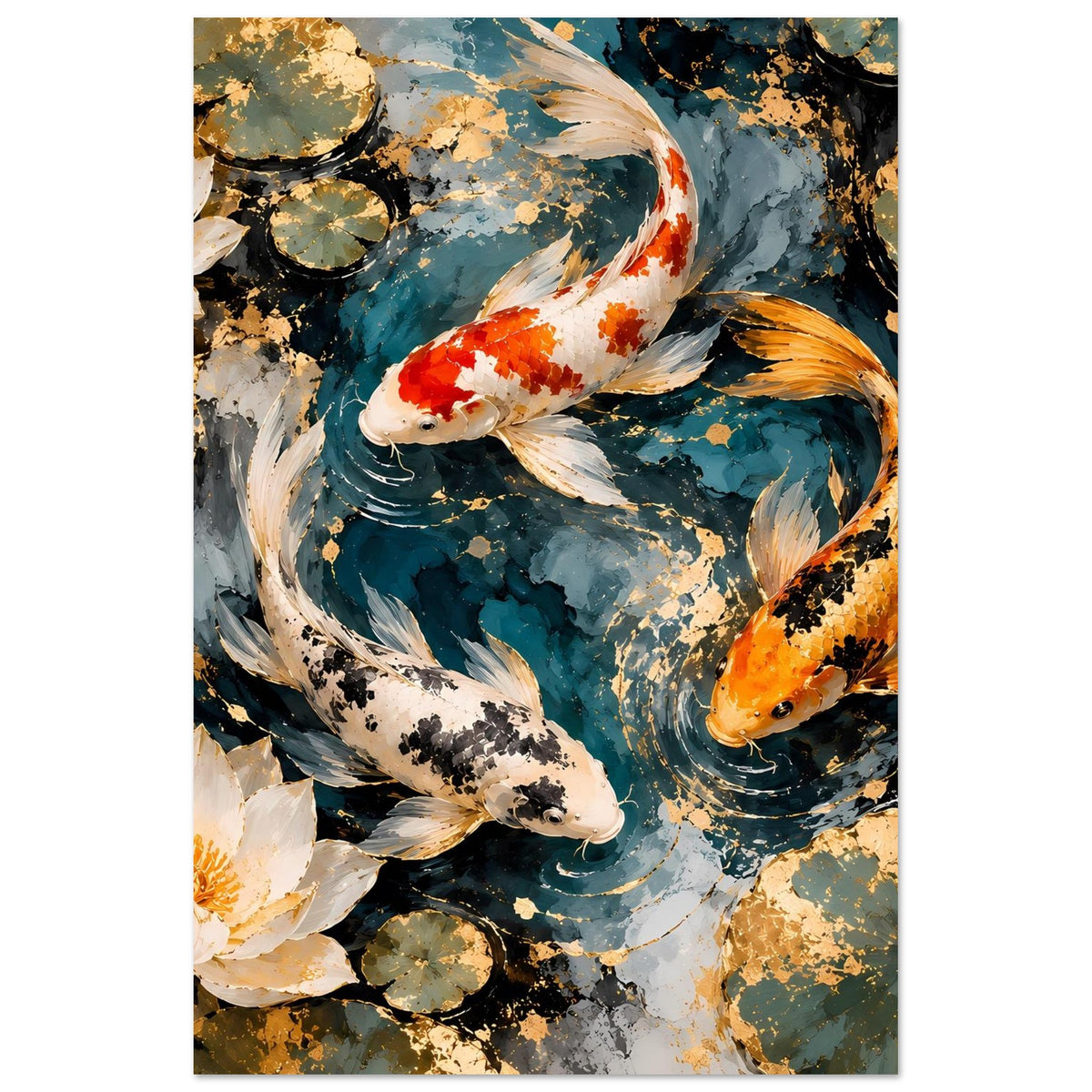 Kunstposter im Hochformat mit Koi-Fisch im Vordergrund und Lotusblüten am Rand
